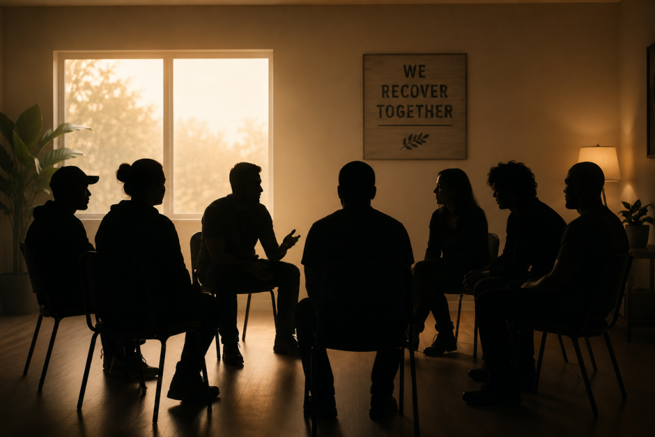 Residents gathered for a recovery house meeting at The FROG Houses